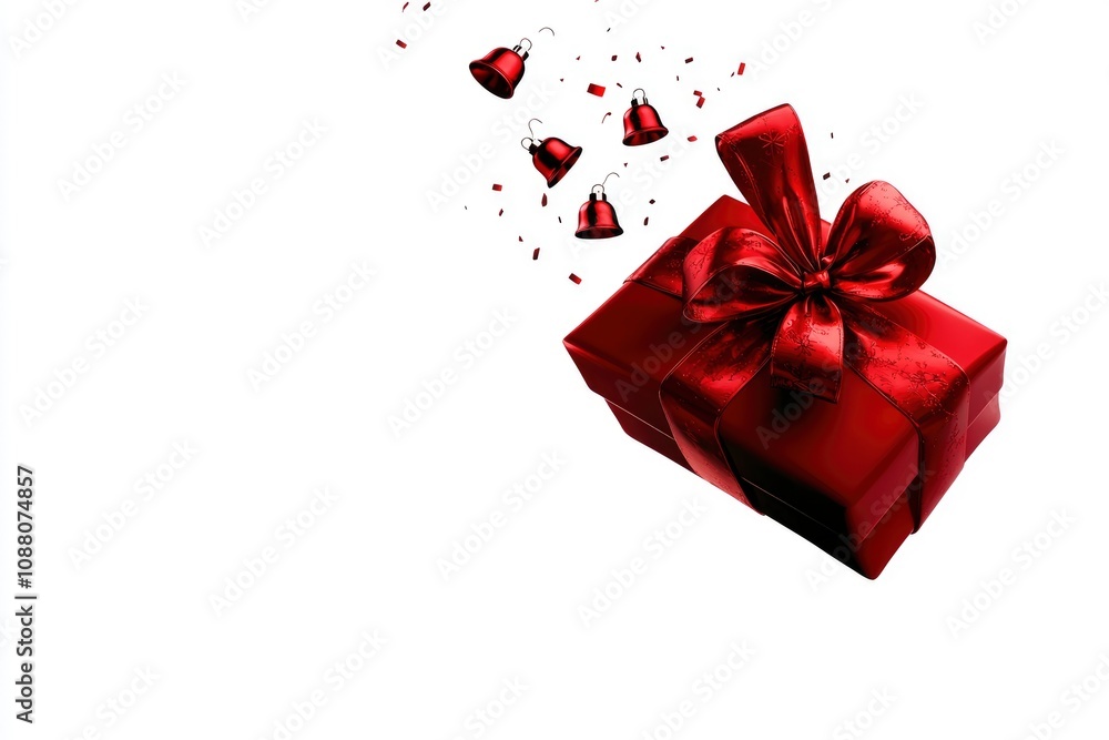 Red Gift Box with Falling Bells and Confetti - Festive Holiday Surprise Red Gift Box with Falling Bells and Confetti - Festive Holiday Surprise