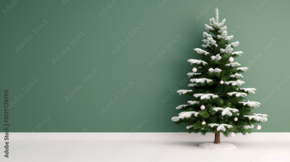 A decorated Christmas tree against a green wall. A decorated Christmas tree against a green wall.