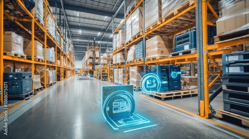 A cutting-edge AI-powered smart logistics system for warehouse automation, modern warehouse setting with integrated technology for optimizing inventory management and order fulfillment processes