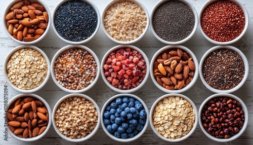 Variety of healthy grains, seeds, and nuts in bowls. A perfect image for a blog post or website about healthy eating or diet.