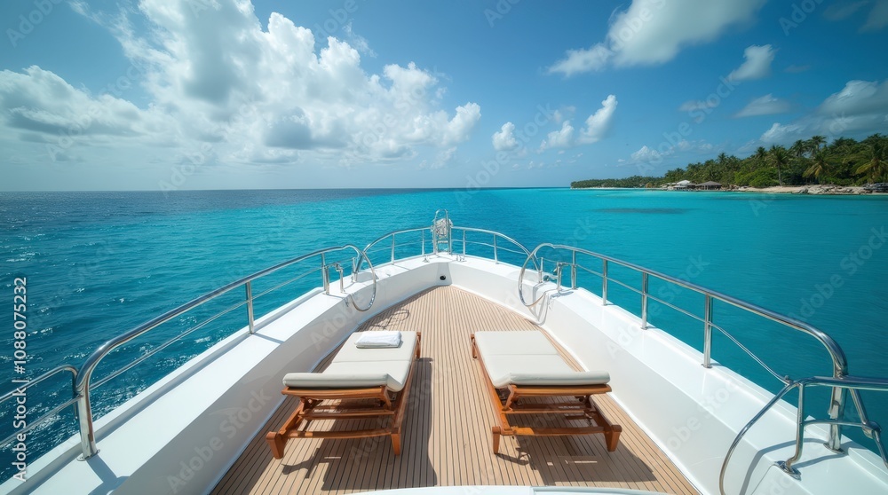 Fototapeta premium Luxury Motor Yacht Cruising Over Tropical Waters Under a Bright Sun. Generative AI