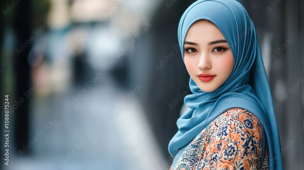 A Young Woman Wearing A Blue Hijab And Floral Dress A Young Woman Wearing A Blue Hijab And Floral Dress
