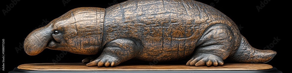 Close up of a wooden platypus sculpture with intricate carvings on a plain black background.
Close up of a wooden platypus sculpture with intricate carvings on a plain black background.
