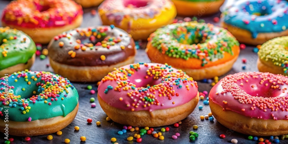 Colorful delicious donuts with sprinkles on a background, tasty, dessert, treat, sweet, snack, baked, glazed, icing Colorful delicious donuts with sprinkles on a background, tasty, dessert, treat, sweet, snack, baked, glazed, icing