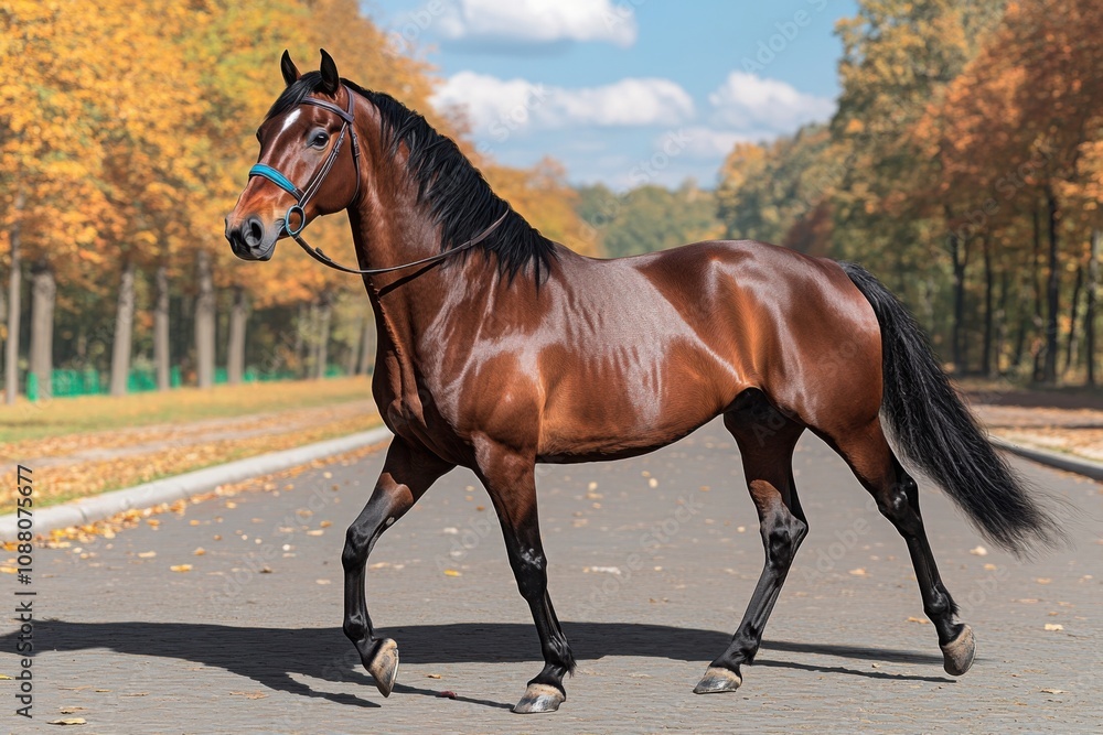 A shiny bay horse walking gracefully on a paved path in an autumn park, surrounded by golden leaves and vibrant trees.
A shiny bay horse walking gracefully on a paved path in an autumn park, surrounded by golden leaves and vibrant trees.