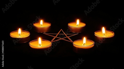 A pentagram with glowing candles arranged around it, creating a mystical and magical atmosphere, perfect for rituals and spiritual practices, symbolizing the elements and balance in a dark, 