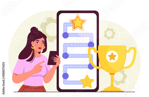 Woman with gamification. Young girl with smartphone plays video games and arcade games. Entertainment and fun. Gamer and esportsman. Flat vector illustration