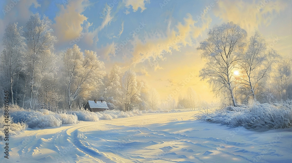 Peaceful winter scenery bathed in sunny light with a snow covered landscapes Peaceful winter scenery bathed in sunny light with a snow covered landscapes