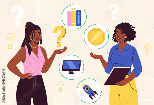 Guidance future career. Women planning development of business organization and startup. Confident entrepreneur and businesswoman. Flat vector illustration