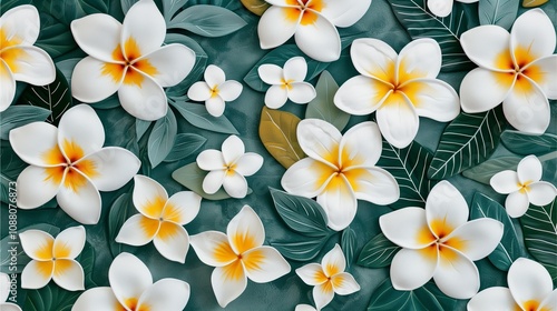 Tropical Plumeria Paradise: A lush arrangement of white and yellow plumeria blossoms nestled amongst rich teal leaves creates a vibrant and exotic floral pattern.