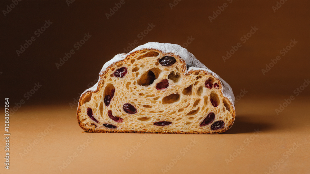 a slice of Stollen with powdered sugar coating and dried fruits against an isolated warm-toned background, A minimalist aesthetic with a focus on natural beauty, serene atmosphere a slice of Stollen with powdered sugar coating and dried fruits against an isolated warm-toned background, A minimalist aesthetic with a focus on natural beauty, serene atmosphere