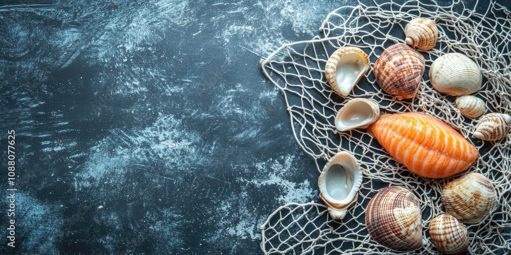 Seafood menu idea, chalkboard with fishnet and seashells Seafood menu idea, chalkboard with fishnet and seashells