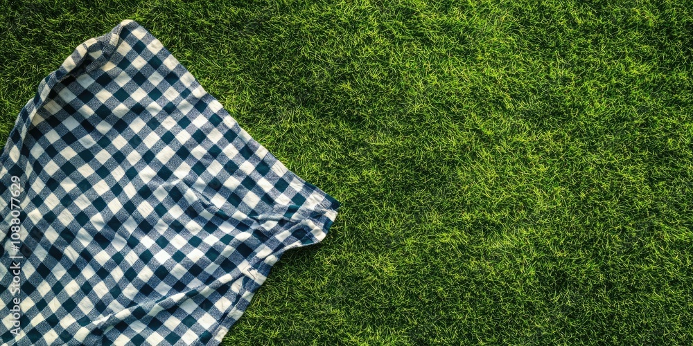 Checkered picnic blanket on a green grass background. Top view. Copy space. Summer picnic season.