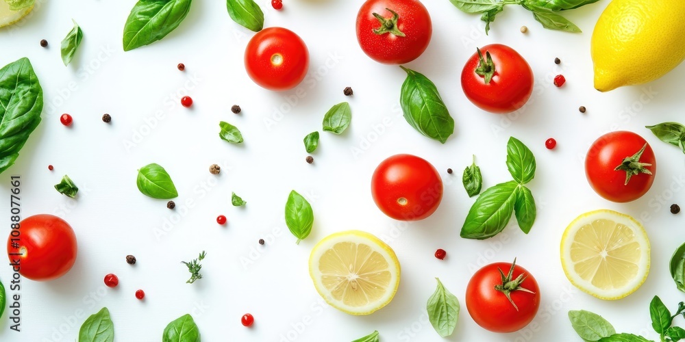 Fresh cherry tomatoes, aromatic herbs, and lemon with basil leaves, set against a white background with a floral design. Cooking concept. Top view with copyspace for your text. Fresh cherry tomatoes, aromatic herbs, and lemon with basil leaves, set against a white background with a floral design. Cooking concept. Top view with copyspace for your text.