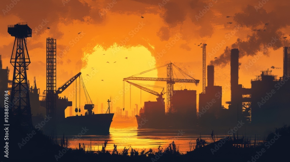 Obraz premium Silhouetted industrial harbor at sunset.