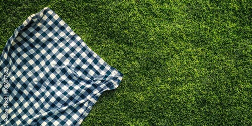 Obraz na płótnie Checkered picnic blanket on a green grass background. Top view. Copy space. Summer picnic season. w salonie