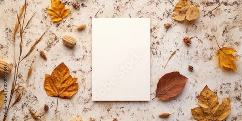 Autumn stationery mockup featuring a blank vertical A5 greeting card or invitation, captured from above with space for text. photo