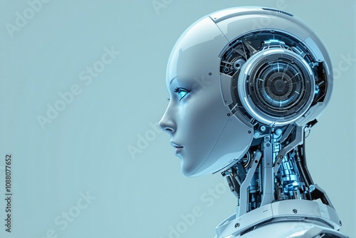 Futuristic Robot Head with High-Tech Components and Blue Accents photo