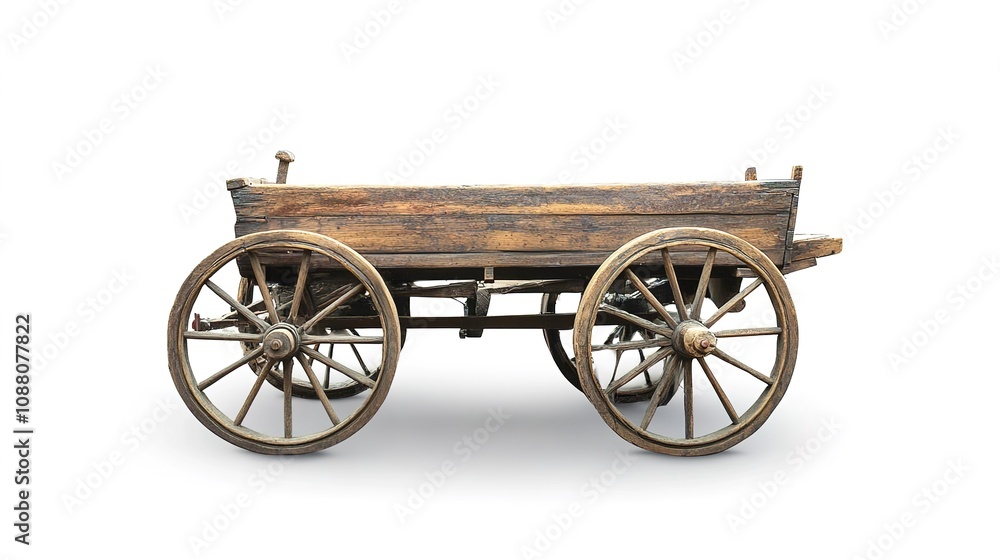 Fototapeta premium Traditional wooden bullock cart isolated on white background, featuring intricate rustic design, sturdy wheels, and cultural heritage, representing vintage transportation and rural lifestyle.