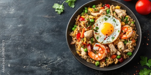 Asian fried rice nasi goreng featuring chicken, prawns, egg, and vegetables, shown in a horizontal top view. DOF and copy space.