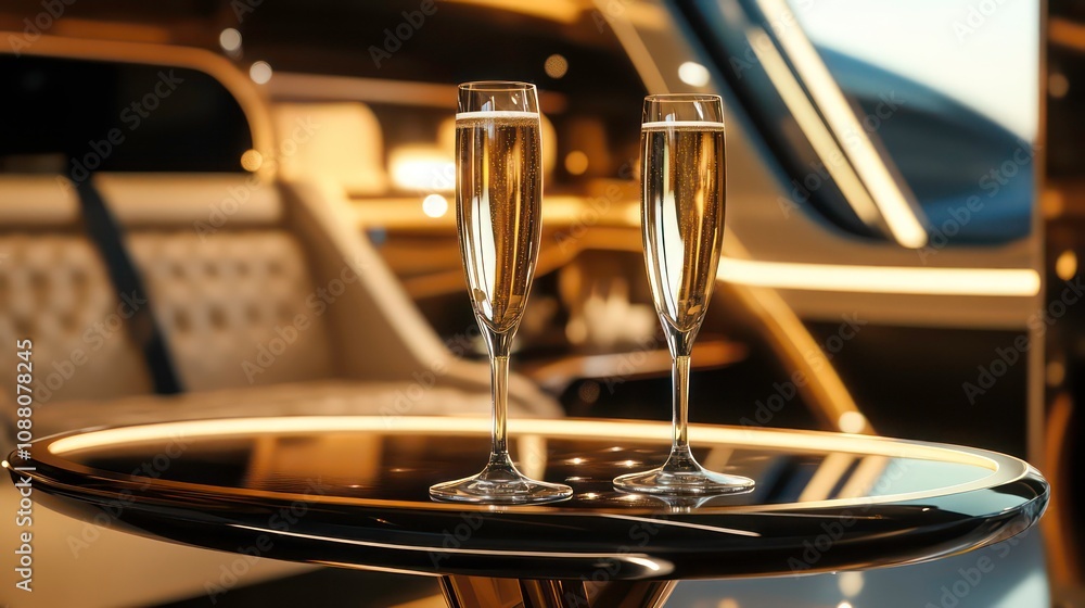 Two elegant champagne glasses perched on a sleek table in a luxurious private jet, embodying sophistication and high living. Two elegant champagne glasses perched on a sleek table in a luxurious private jet, embodying sophistication and high living.