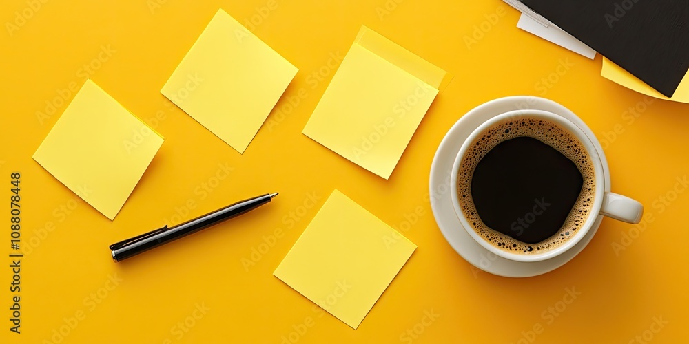 Desk featuring yellow notepaper squares, a pen, and a cup of black espresso coffee. Desk featuring yellow notepaper squares, a pen, and a cup of black espresso coffee.