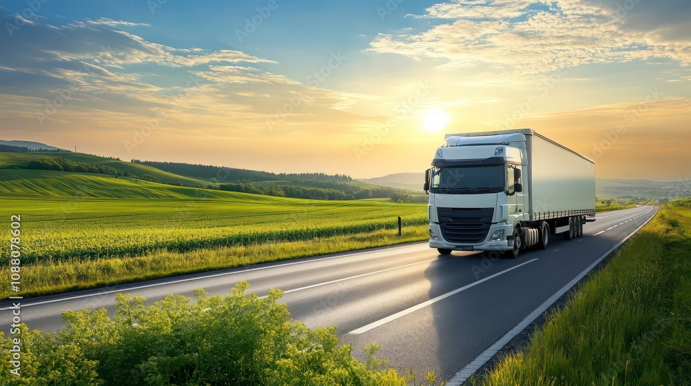 A white semi-truck drives on a paved road through a green field under a blue sky with a bright sun in the distance. A white semi-truck drives on a paved road through a green field under a blue sky with a bright sun in the distance.