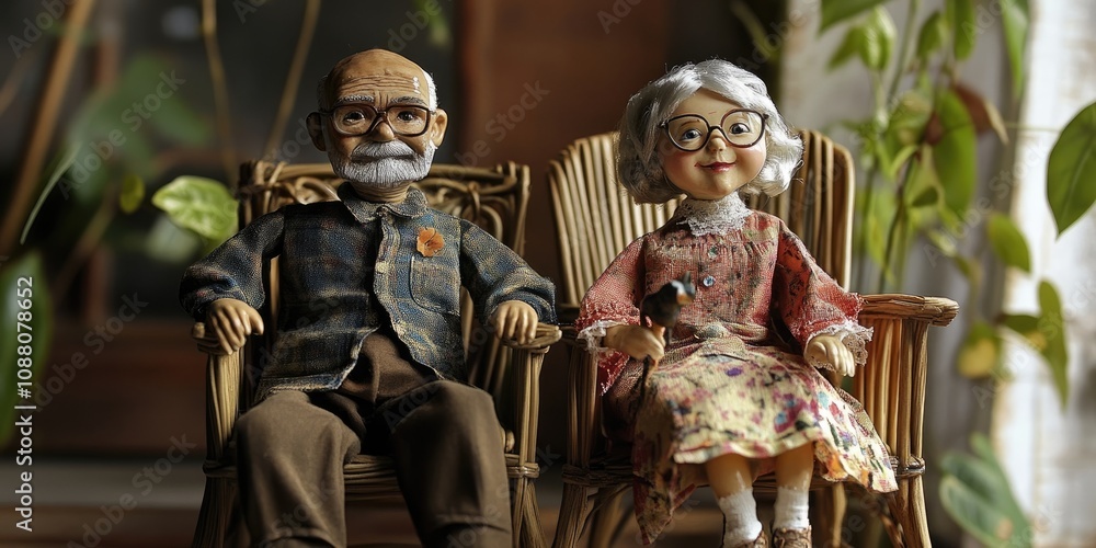A charming Grandpa and Grandma doll are sitting in a rocking bamboo chair. - still life. A charming Grandpa and Grandma doll are sitting in a rocking bamboo chair. - still life.