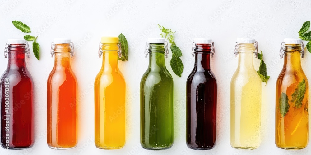 A range of detox drinks in glass bottles on a white background, featuring copy space. This represents a healthy lifestyle and hydration concept for design and print. A range of detox drinks in glass bottles on a white background, featuring copy space. This represents a healthy lifestyle and hydration concept for design and print.