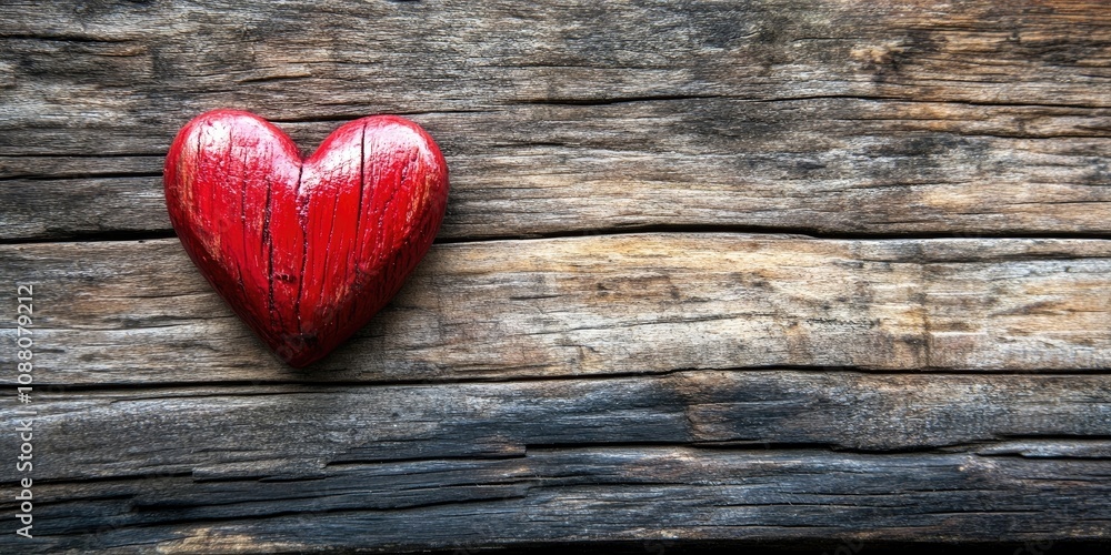 Fototapeta premium Red heart symbol on a wooden background, Valentine's Day theme.