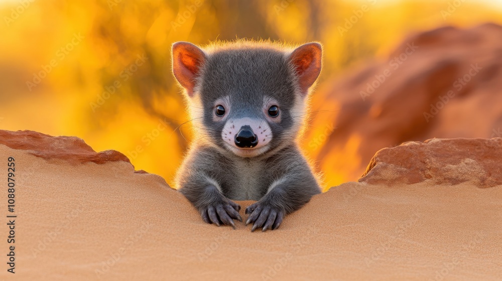 Obraz premium A young Tasmanian devil peeking over a sand-colored surface against a vibrant golden background.