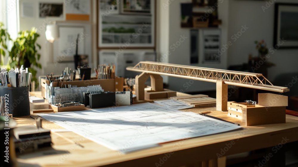 Workspace with a carefully crafted railway bridge model and detailed structural plans Workspace with a carefully crafted railway bridge model and detailed structural plans