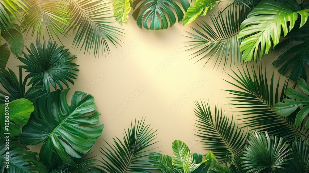 Lush green tropical leaves framing a light background for design or decoration. Lush green tropical leaves framing a light background for design or decoration.
