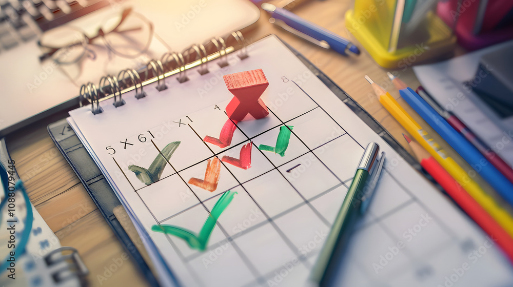 Fototapeta premium A planner with checkmarks and stationery, indicating organization and task completion.