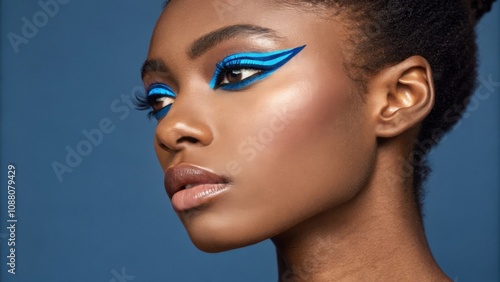 This enchanting portrait highlights a person with electric blue eyeliner that contours their eyes in sharp angular shapes. The contrasting color of their sunkissed skin provides a photo