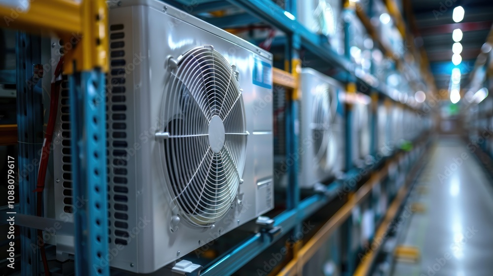 Naklejka premium Rows of air conditioning units in a warehouse.