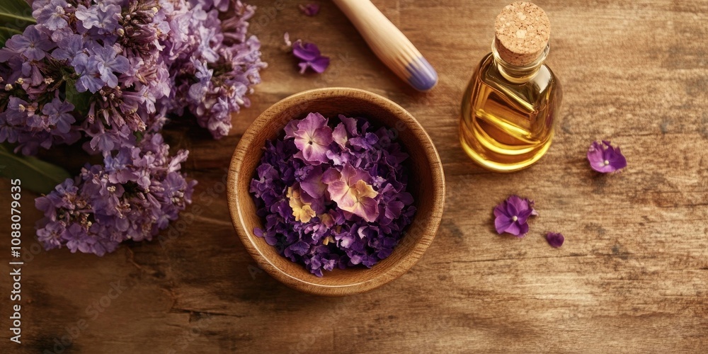 flowers in a bowl, oil alongside a manicure set on a wooden surface flowers in a bowl, oil alongside a manicure set on a wooden surface
