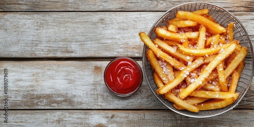 French fries in a metal wire basket, sprinkled with salt and accompanied by ketchup, placed on a weathered light wooden background. Fried potatoes. Concept of fast food and unhealthy eating. photo