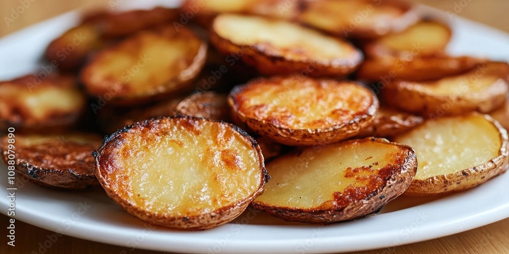 foreground of fried potato slices on a white plate foreground of fried potato slices on a white plate