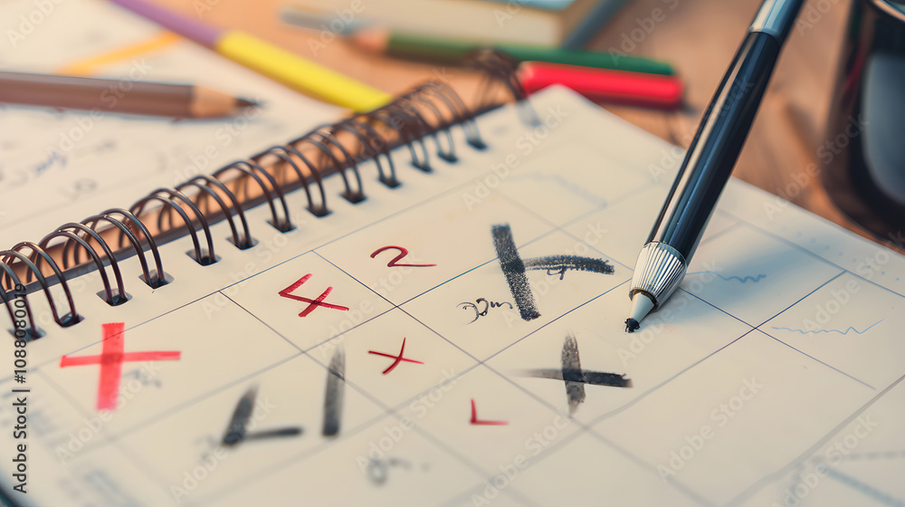 A planner with crossed-out tasks, a pen, and colored pencils, indicating organization and planning. A planner with crossed-out tasks, a pen, and colored pencils, indicating organization and planning.