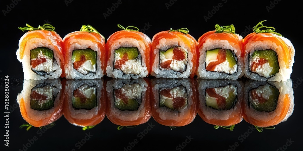 Tasty sushi rolls on a black reflective surface. Tasty sushi rolls on a black reflective surface.