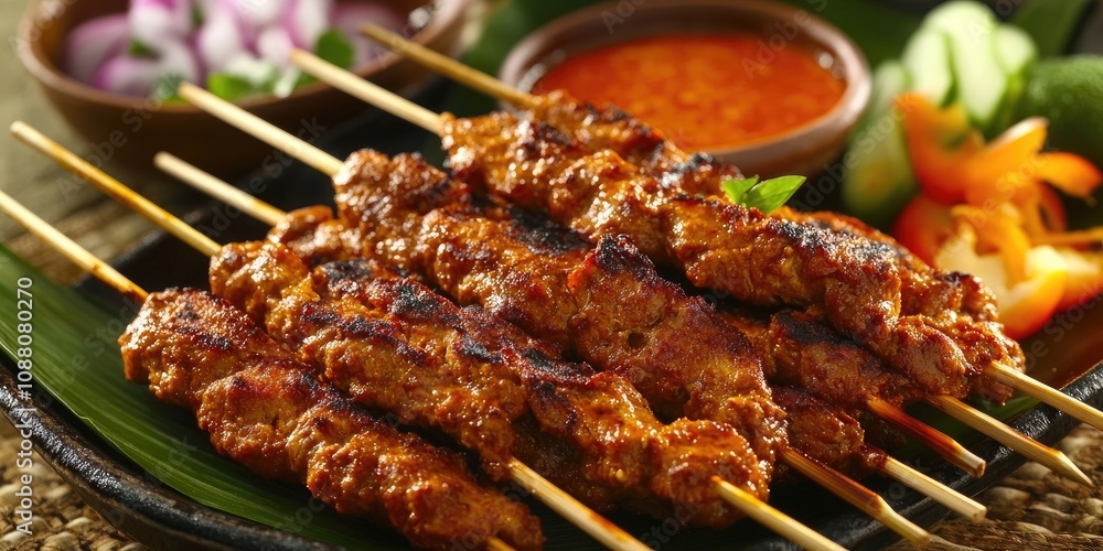 a serving of sweet meat satay (typically made with goat, beef, or pork) a serving of sweet meat satay (typically made with goat, beef, or pork)
