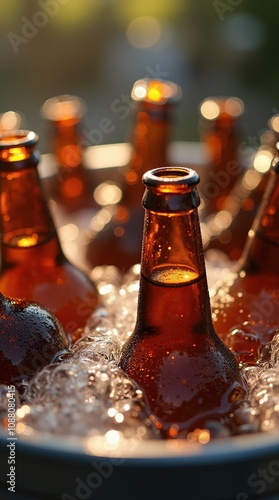 Chilled Beer Bottles Submerged in Ice for a Refreshing Experience