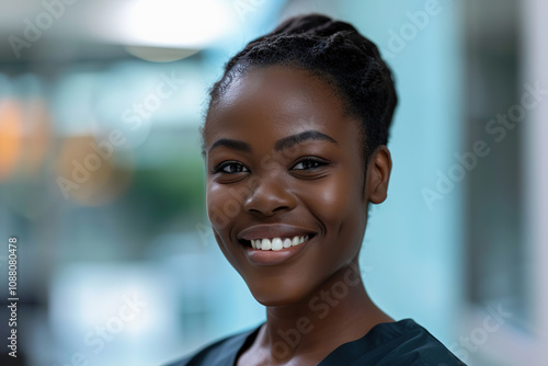 African female nurse in medical attire with bright, beautiful smile