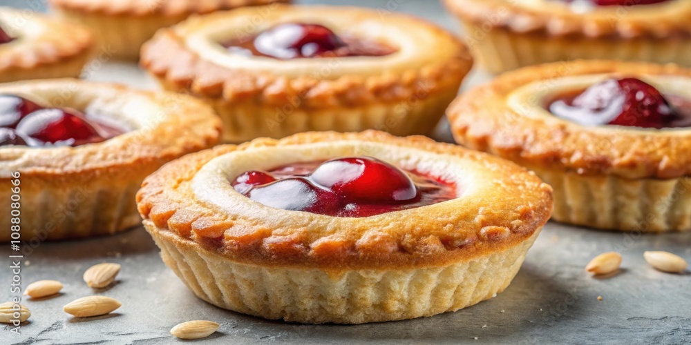 Close up of delicious Bakewell pastries with a flaky crust, almond filling Close up of delicious Bakewell pastries with a flaky crust, almond filling