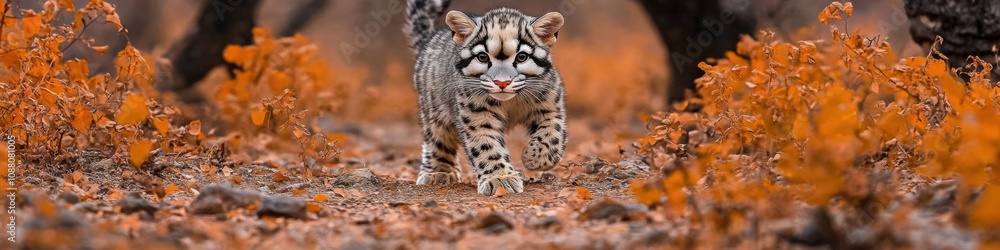 An ocelot walking gracefully through an autumn forest, surrounded by vibrant orange foliage, highlighting its sleek spotted coat and alert posture.
An ocelot walking gracefully through an autumn forest, surrounded by vibrant orange foliage, highlighting its sleek spotted coat and alert posture.