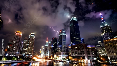 Wallpaper Mural Timelapse of a cityscape at night with lightning and vibrant lights, dramatic urban scene Torontodigital.ca