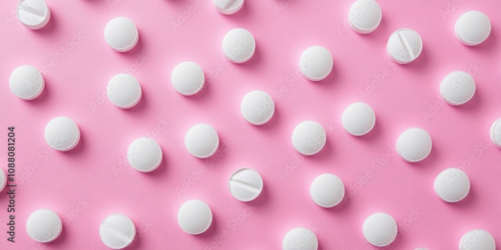 White medical pills scattered on pink, top view. White medical pills scattered on pink, top view.