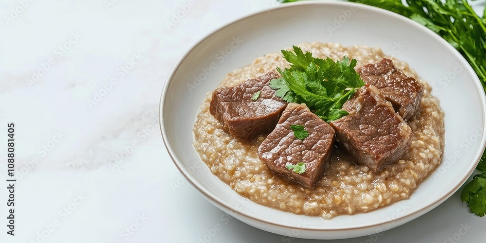 Buckwheat porridge accompanied by three pieces of boiled beef on a white plate, against a light background. Copyspace. Buckwheat porridge accompanied by three pieces of boiled beef on a white plate, against a light background. Copyspace.