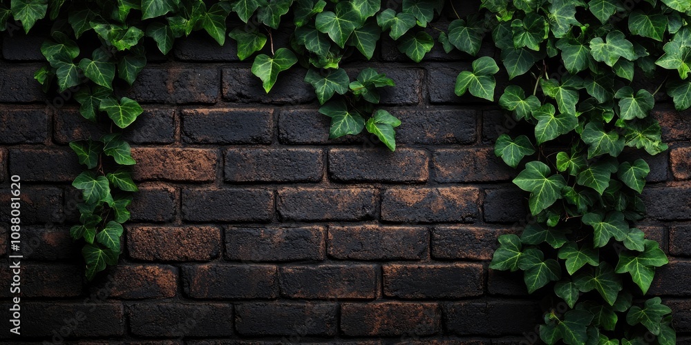 Green ivy leaves on a dark brown brick wall. Natural rustic backdrop. Copyspace. Green ivy leaves on a dark brown brick wall. Natural rustic backdrop. Copyspace.